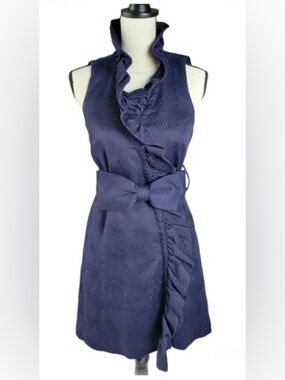 NWT - Milly Sleeveless Navy Ruffle Dress with Bow Size 6 Geometric pattern Wrap